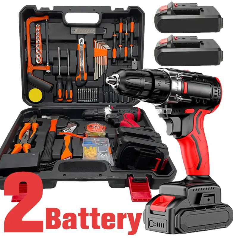128 pc Tool Set with Power Drill, Cordless Hammer Drill Tool Kit 110Pcs Household Power Tools Drill Set with 21V Li-Ion Battery & Charger for Home Too