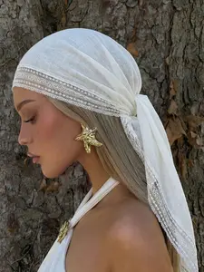 1 women's elegant solid color square lace trimmed headscarf, multifunctional headscarf, shawl and hair accessory, suitable for use in mosques, summer fashionable casual accessory