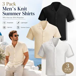 3-pack summer solid-color short-sleeve knit Polo shirts; men’s open-front 3D cutout breathable Polo tops—comfortable and soft for travel, everyday wear, work, and casual vacations.