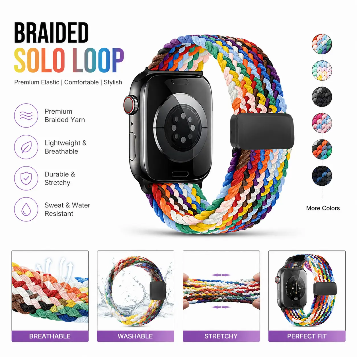 Colorful Braided Nylon Watch Band - Magnetic Stretchy Sport Loop Strap, Soft Comfortable Multi-Size Adjustable Replacement Wristband, Compatible with Ultra Series & Series 11-3 SE, Stylish Wearable Accessory for Men, Electronics Accessories