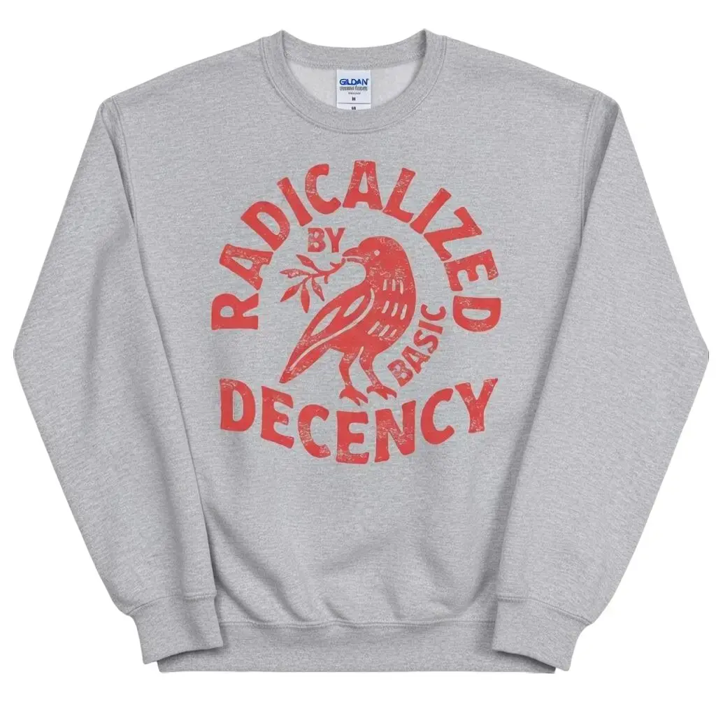 Women's Fitted Long Sleeve Round Neck Graphic Print Hoodie - "Radicalized By Basic Decency" Activist Social Justice Pullover, Womenswear Tops