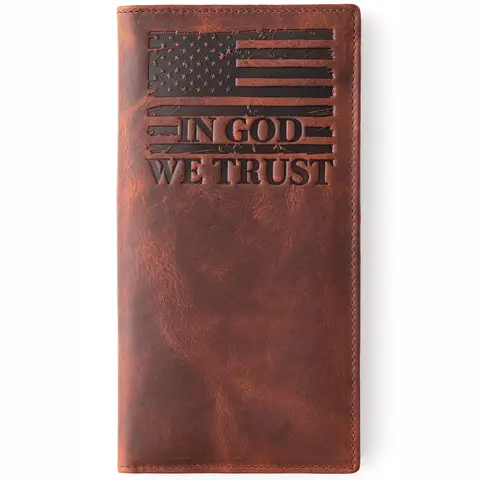 Men's 7.5" Long Bifold Casual Trendy Cowhide Composite Leather Wallet - American Traditional Design, Patriotic Graphic, Flag Slogan, 9 Card Holder Slots, RFID Blocker, Thumbhole for Quick ID, Wallet Cards Storage, Cash Room, Holiday Gift