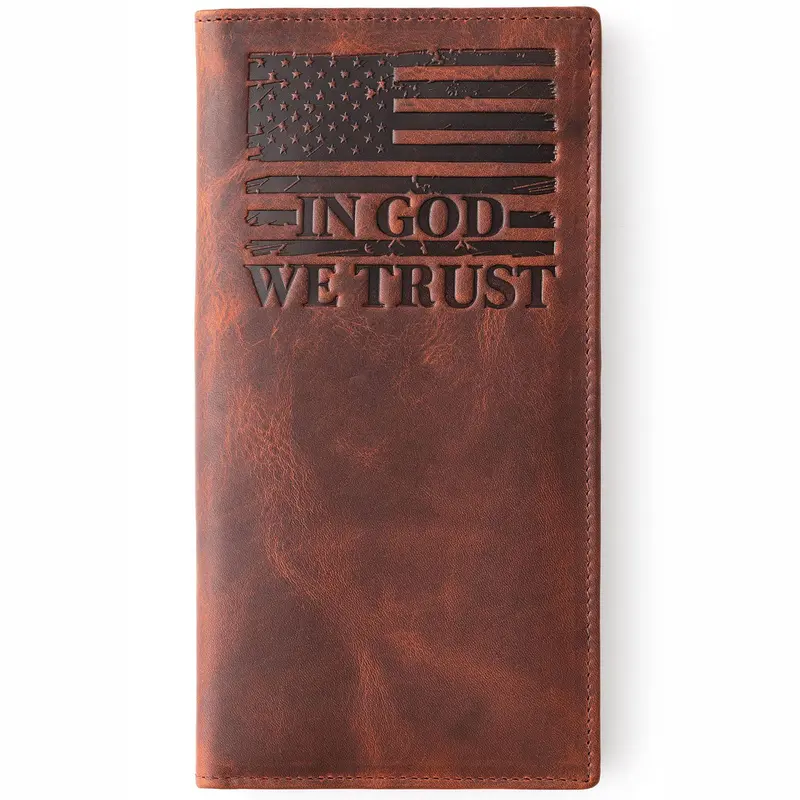 Men's 7.5" Long Bifold Casual Trendy Cowhide Composite Leather Wallet - American Traditional Design, Patriotic Graphic, Flag Slogan, 9 Card Holder Slots, RFID Blocker, Thumbhole for Quick ID, Wallet Cards Storage, Cash Room, Holiday Gift