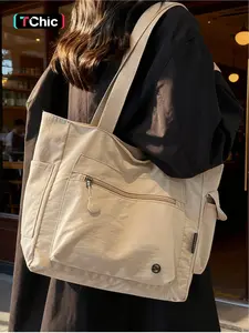 Japanese-style casual large-capacity canvas bag, student laptop bag, simple and lightweight shoulder/handbag/tote bag, zip closure. Suitable for work, school, commuting, shopping, Commuter tote bag, Canvas tote bags
