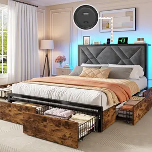 Raybee Luxury Bed Frame with 6 Storage Drawers,  LED Lights & Charging Station, Full Queen Platform Bed Frame with Upholstered Headboard & Shelf, No Noise, Holds 1000lbs, No Box Spring Needed,Easy Assembly, Black