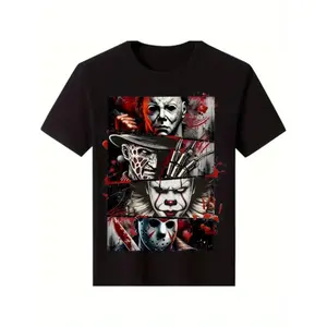 [100% Cotton] Men'S  Cotton Horror Icon Graphic T-Shirt - Black Short Sleeve Casual Street Trend T-Shirt All Season Comfort Fit Breathable Crew Neck T-Shirt For Horror Fans, Comfortable To WearUnisex T-shirts