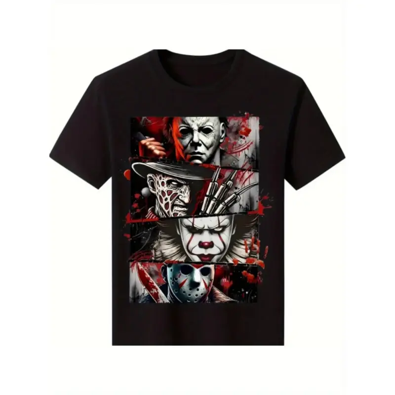 [100% Cotton] Men'S  Cotton Horror Icon Graphic T-Shirt - Black Short Sleeve Casual Street Trend T-Shirt All Season Comfort Fit Breathable Crew Neck T-Shirt For Horror Fans, Comfortable To WearUnisex T-shirts Menswear Soft