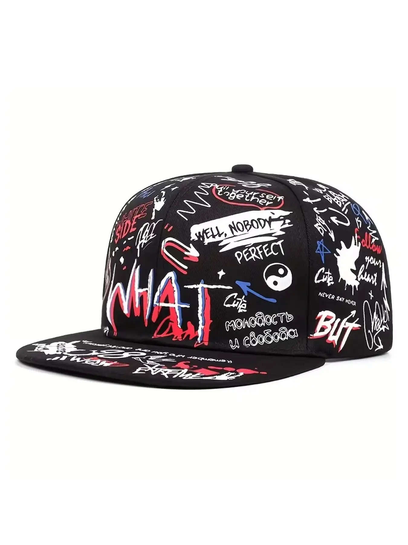 2025 New Personalized Creative Flat, Edge Hat WHAT Graffiti Printed Hip Hop Hat Outdoor Daily Life Commuter Decoration Hat Sports Sunshade Hat, Street Fashion Skateboarding Hat, Male Female Casual Baseball Graphic Hat Bold Graphic Hats Fitted Cap