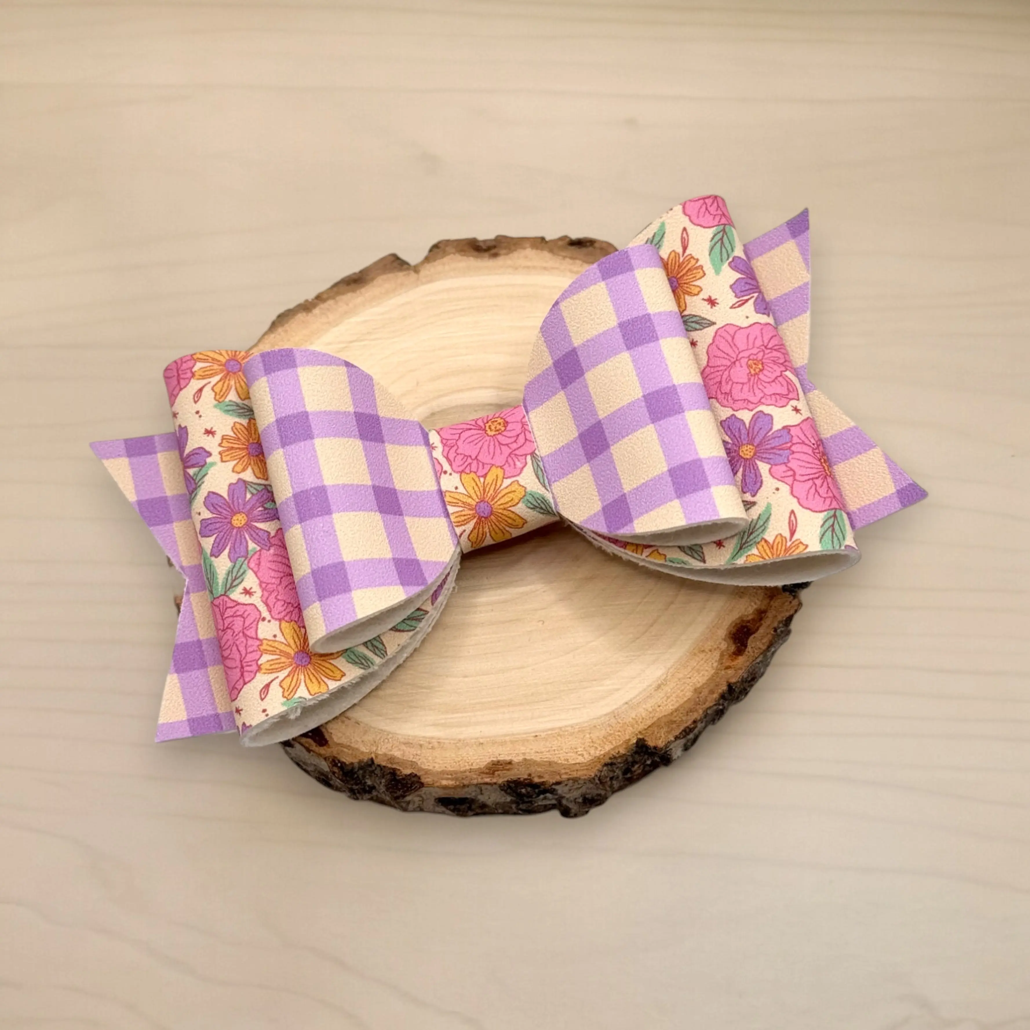 Purple Gingham Floral | Large Stacked Hair Bow