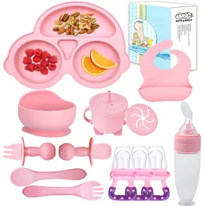 Silicone Baby Feeding Set,Baby Led Weaning Supplies Kit With Suction Bowl & Car Plate, Bib, Spoon, Fork, Cup - Food-Grade Silicone, Dishwasher-Safe, No BPAs - For 3+ Months