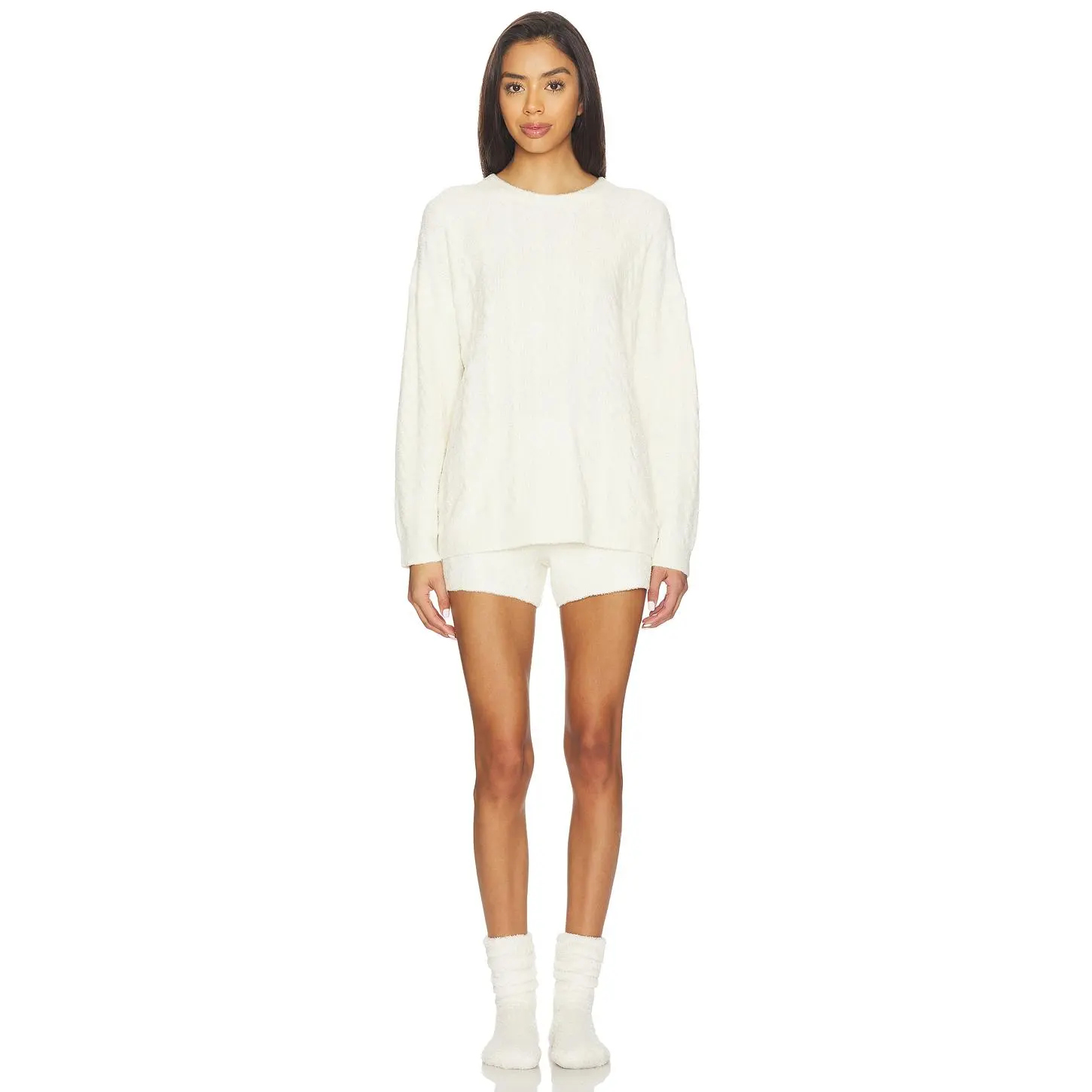 Barefoot Dreams X Revolve Cable Pullover And Short Set in Cream