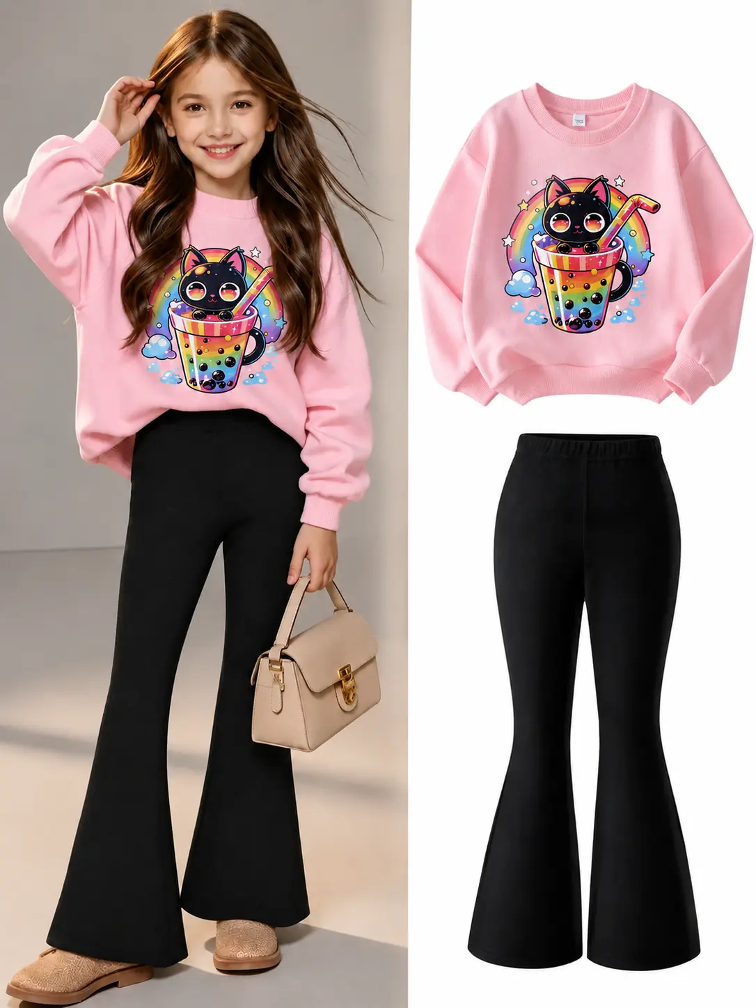Girls' 2-Piece Fall Crewneck Sweatshirt & Pants Set, Cute Cat Pearl Milk Tea Print Lightweight Polyester Blend Loose Fit Slight Stretch Outfit with Black Flare Pants for Kids Clothing Girls