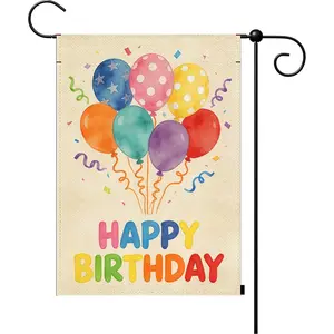 Happy Birthday Balloons Garden Flag 12x18 Inch Double Sided Burlap, Colorful Watercolor Balloons Confetti Yard Decor, Birthday Party Decor