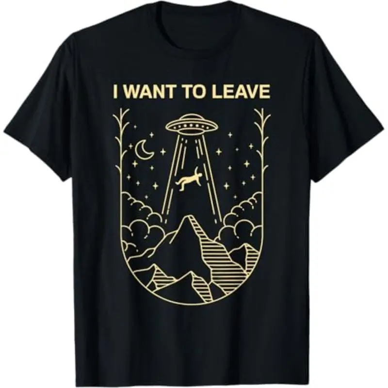Men's Vintage Funny Alien UFO Extraterrestrial "I Want To Leave" Streetwear Short-Sleeve T-Shirt, Breathable Aesthetics Fabric, Alien Lover Apparel, Shortsleeve, Wave, Graphic, Menswear, Casual