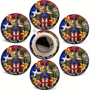 6 pieces of Puerto Rican cultural wooden coasters -4-inch round with national flag, star, guitar, and tropical floral design, home decor tabletop protection mat, June and October holiday party supplies, July 4th gift, durable bar accessories