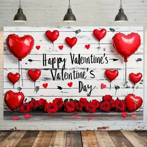Valentine's Day Party Background Banner Decoration, Romantic Love Balloon & Rose Petal Backdrop, Extra-Large Polyester Photography Prop
