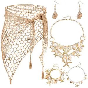 Summer Beach Women's Jewelry Set, Shell Starfish Necklace, Anklet, Bracelet, Earrings, Crochet Scarf Waist Chain, Vacation Beach