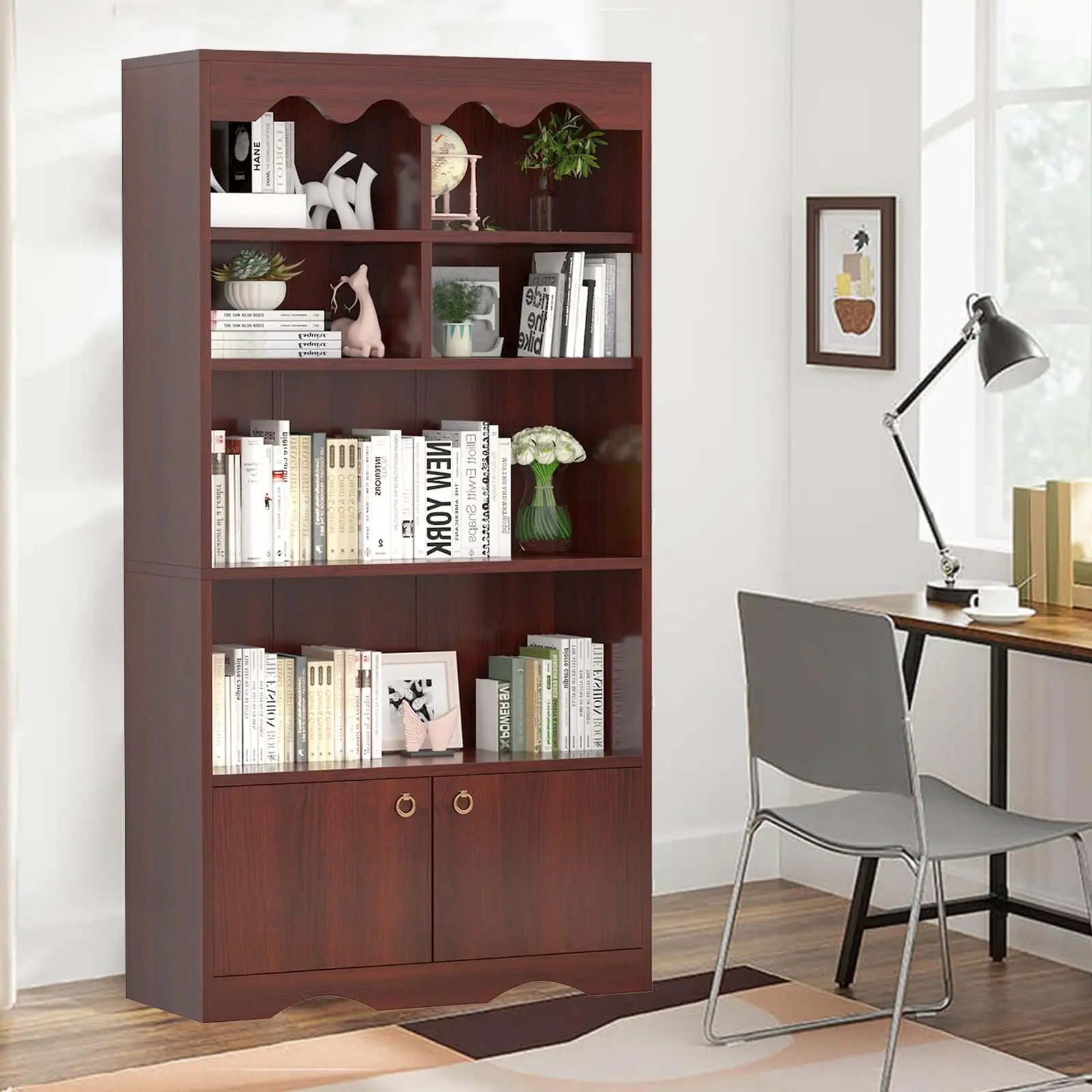5-Tier Red Bookcase – 63" Tall Modern Bookshelf with Open Storage Shelves & Doors – Floor Standing Display Unit for Office, Living Room