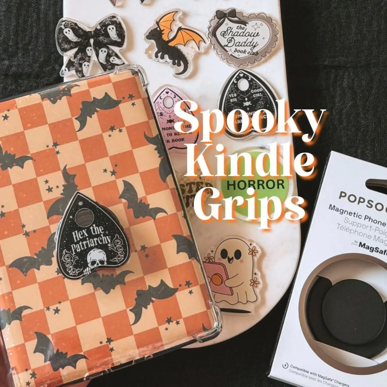 Spooky Kindle Grips, Choose Your Design, Adhesive & Mag Safe Black Grips