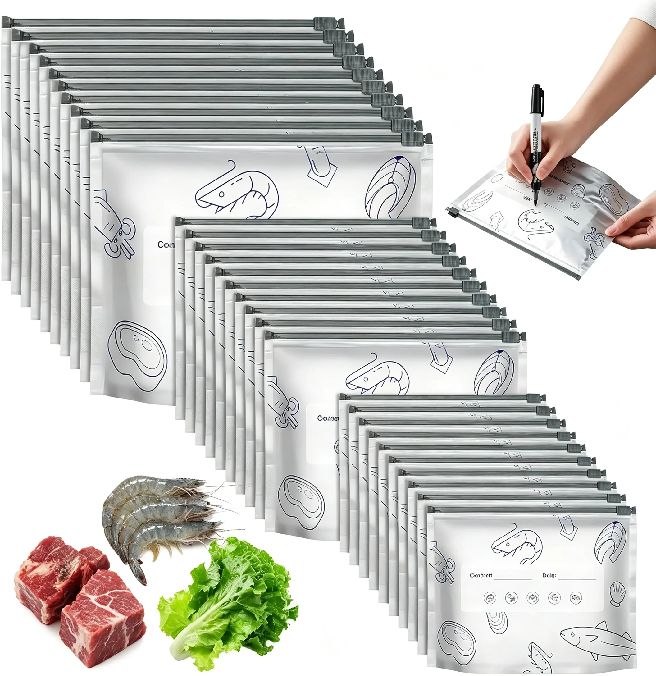 Eco-Friendly Reusable Aluminum Foil Zipper Bags, 2026 Improved Airtight Seal Pouches for Freshness, Stand-Up Food Storage Bags with Label Area & Strong Zip Lock for Meat, Produce & Snacks (30-Pack)