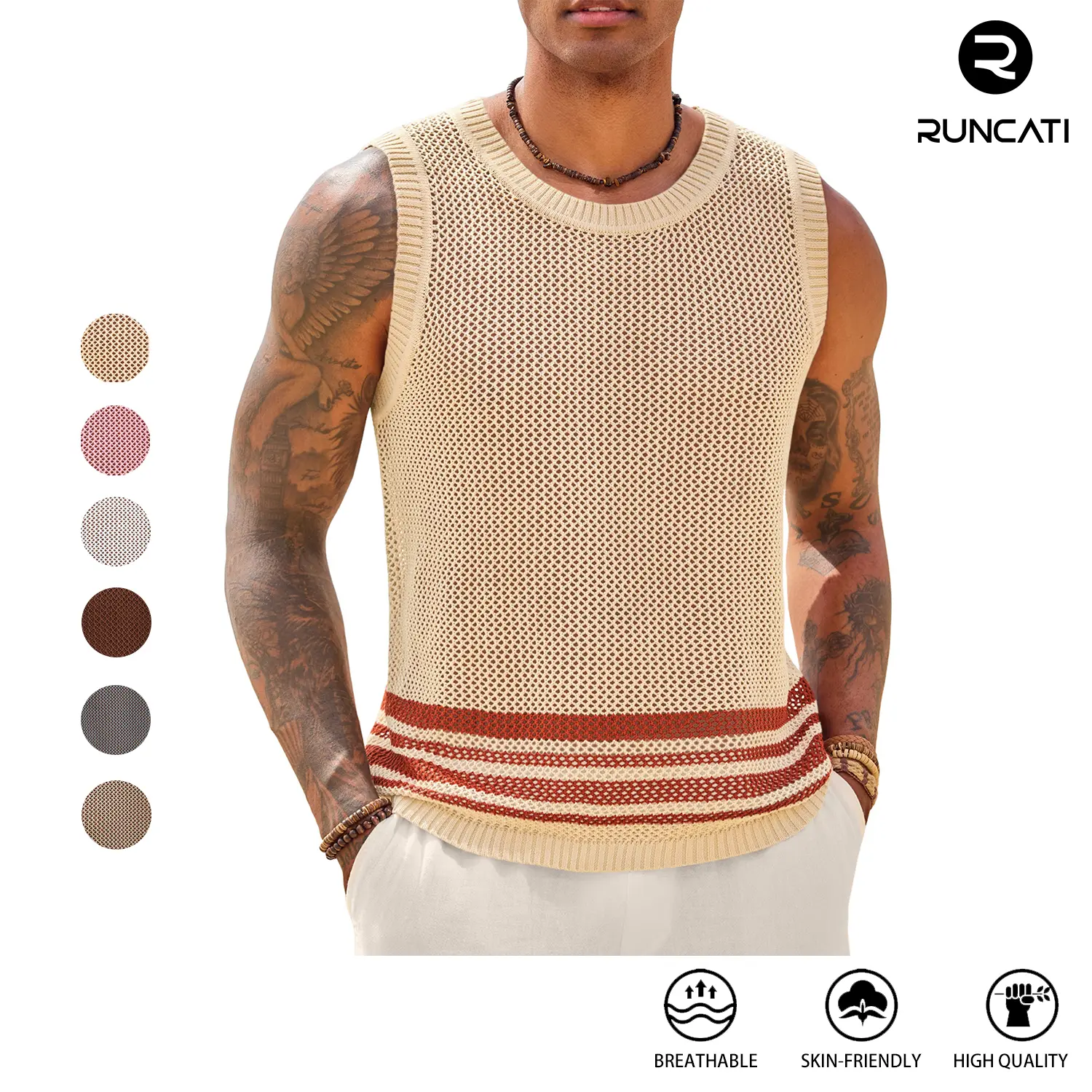 Runcati Mens Sleeveless Tank Tops Knitted Hollow Out Crochet T-Shirts Muscle Summer Beach Color Block Shirts