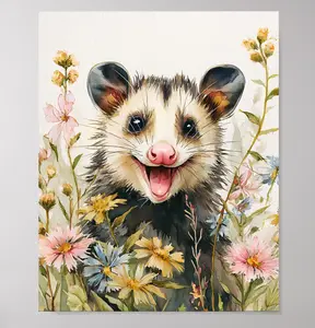 Cute Opossum Flower Canvas Painting Aesthetic Cottagecore Wall Decor for Bedroom Durable Canvas Art Whimsical Design