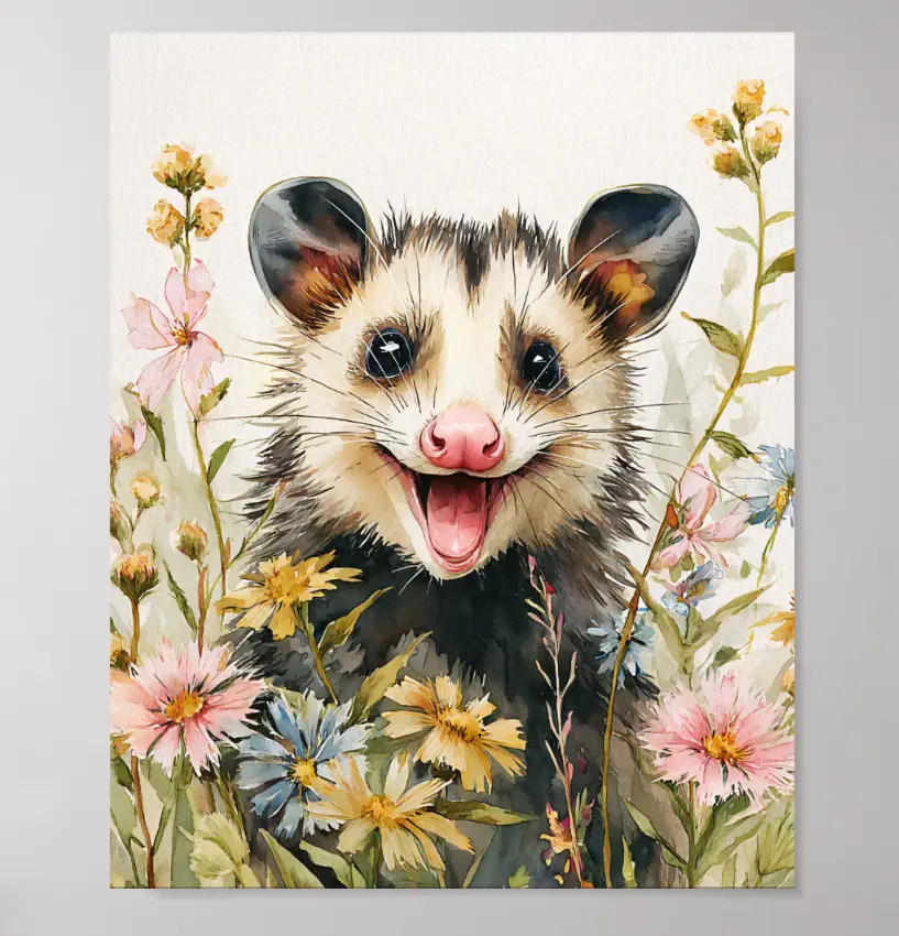 Whimsical Opossum Floral Canvas Print - Durable Decorative Artwork, Unframed Animal Home Supplies, Cottagecore Bedroom Wall Decor, Painting