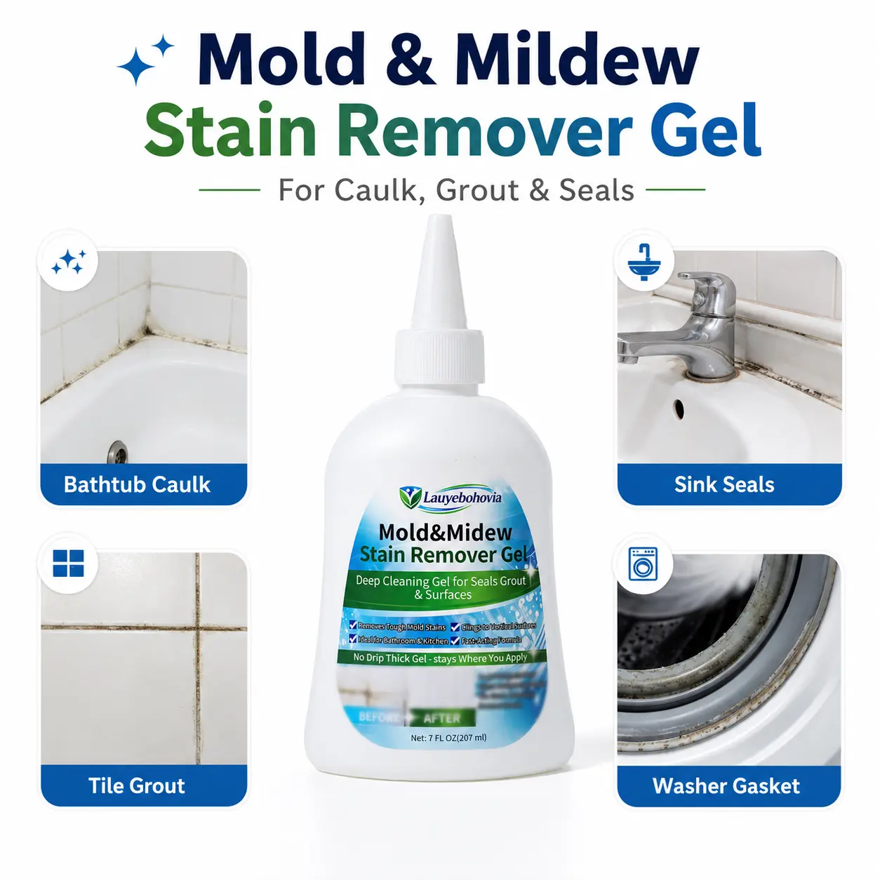 No-Drip Mold & Mildew Stain Remover Gel, Clear Thick Gel for Bathroom Caulk, Tile Grout, Sink Seals, Bathtub Edges & Washer Gaskets, 7 Fl Oz