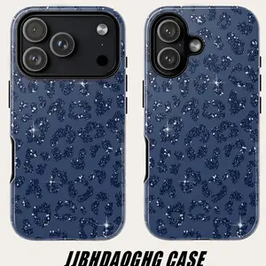 Blue Glitter Leopard Print Phone Case for iPhone 17, 16, 16E, 15, 14, 13, 12, 11 Pro Max, Air, X, XR, XS Max, Plus – Shockproof Dual Layer Hard PC Protective Cover
