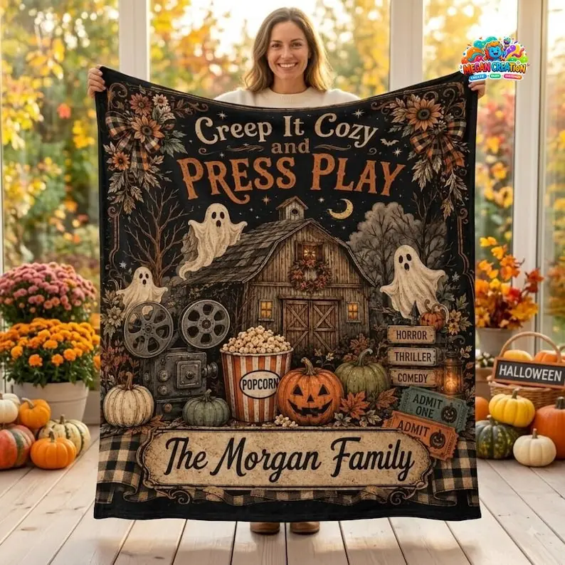 Custom Halloween Movie Blanket, Personalized Family Name Spooky Season Throw, Haunted House Ghost Pumpkin Movie Night Decor, Family Gift