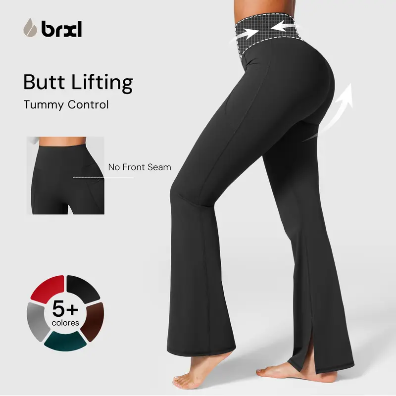 BRXL Women's 30" No Front Seam High Waist Tummy Control Mini Flare Leggings - Soft, Stretchy Activewear with Pockets for Gym Workout Apparel, Athleisure Wear, Womens Fitness, Workout Outfit Inspo, Sportswear #sohochi #backtoschool