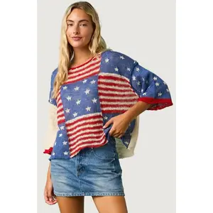 American Stars and Stripes Patchwork Short Sleeve Sweater Top