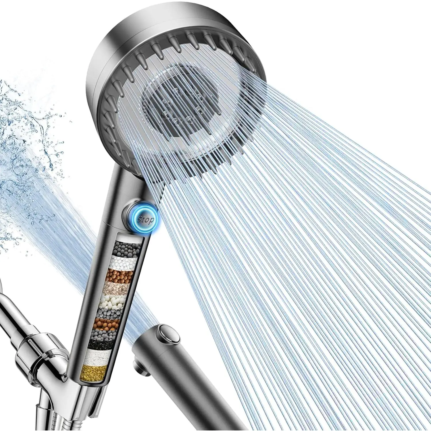 Filtered Shower  with Handheld, High  4 Spray Mode Showerhead with Filters, Water Softener Filter Beads for Hard Water with ON/OFF  for Pets - Remove Chlorine (Gray)