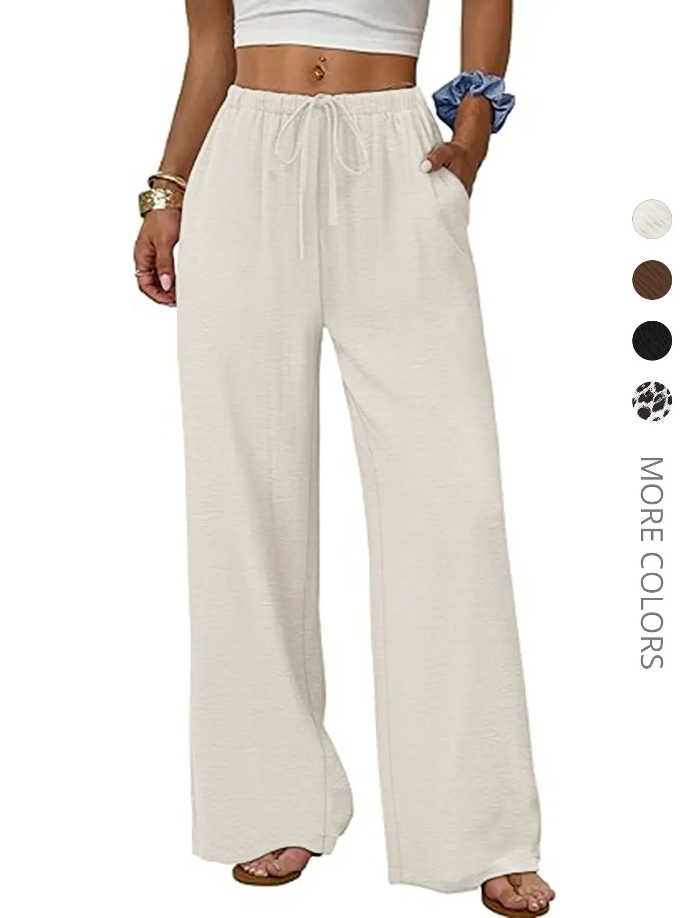 Wide Leg Pants Women Flowy Loose Baggy Palazzo Drawstring Adjustable Elastic Waist Fit Trousers, Casual Lounge Bottom with Pockets