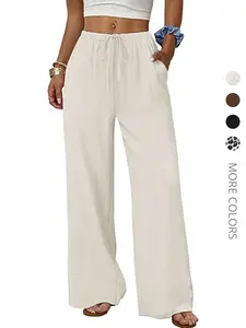 Wide Leg Pants Women Flowy Palazzo Drawstring Adjustable Elastic Waist Fit Trousers, Lounge Bottom with Pockets