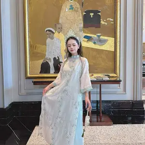 Áo dài xanh ngọc hoạ tiết thêu kèm charm, kèm quần- Vietnamese traditional Women dress
