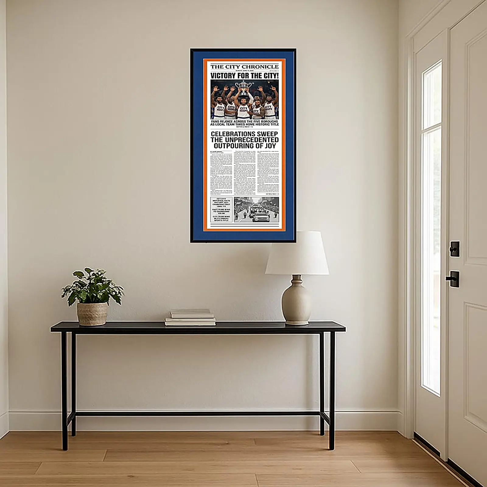 11x22 Newspaper Frame w/ Blue & Orange Mat Border, Black Wood, UV Acrylic Front