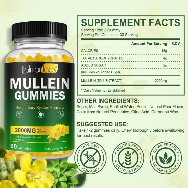 Hatmanlabs Mullein Gummies for Lungs, 2000MG Per Serving, with Mullein Extract for Lungs, Breathe Easier - 60 Gummies