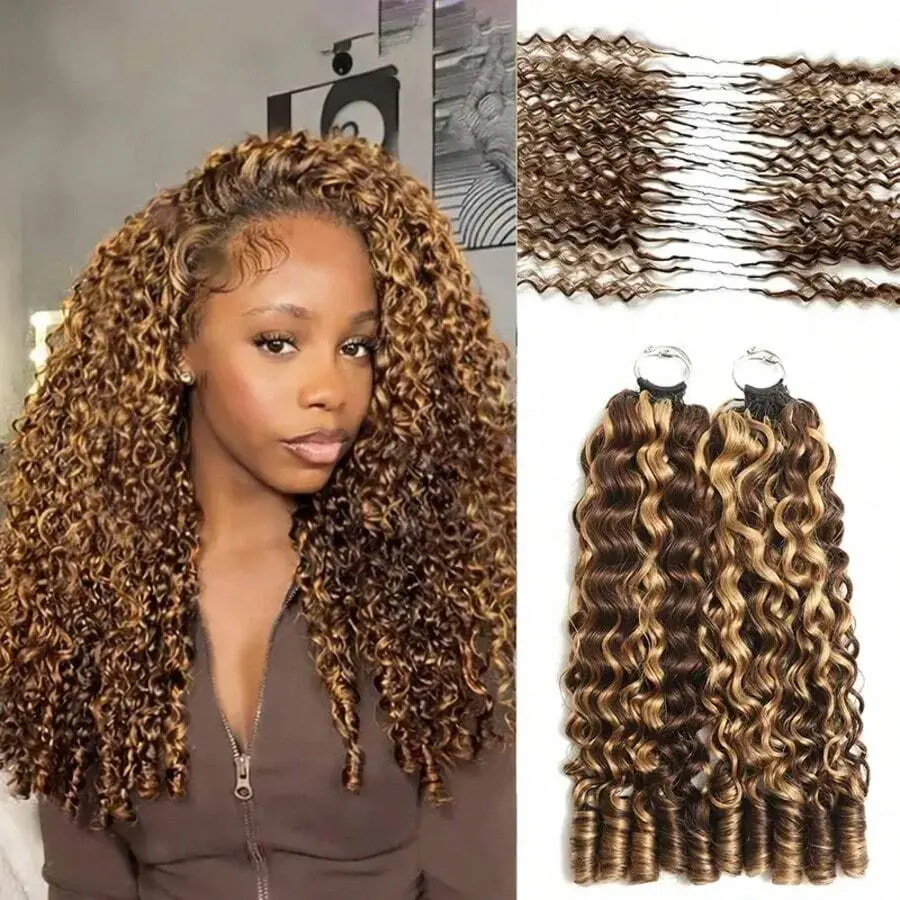 [New In] Bling Hair Highlight Ombre Honey Blonde 4/27 Color Burmese Curly Crochet Human Hair Pre-Separated Crochet Human Hair Extension Feathered Human Hair Bundles For Black Women