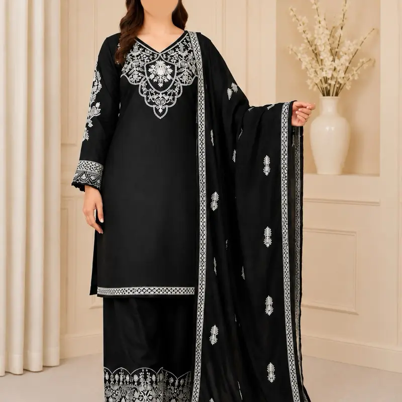 Women’s Black 3-Piece Embroidered Salwar Kameez Set