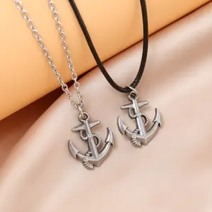 Simple stainless steel cross chain anchor necklace for men with wax cord pendant