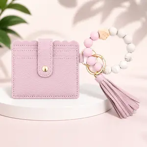 Women’s Compact Keychain Wristlet Wallet - Tassel Silicone Bead Bracelet, Credit Card Holder, Multifunctional Purse for Keys, Cards, Cash (Compact Keychains), Compact Keychain Keychains