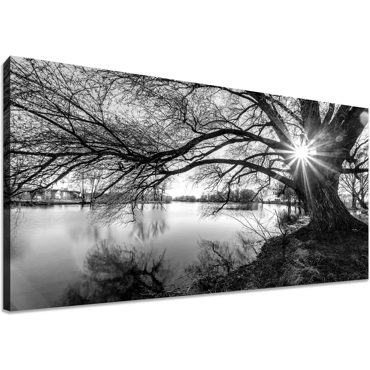 Framed Black and White Lake Landscape Wood Wall Art, Old Tree Silhouette with Sunburst Nature Photography Print, 32x16in Decoration for Living Room, Office, Artistic