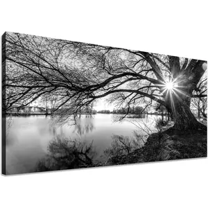 Framed Wall Art Decor Black and White Lake Landscape Canvas Wall Art Old Tree Silhouette with Sunburst Nature Photography Print Picture Artwork for Living Room Office Bedroom 32 x 16 inches