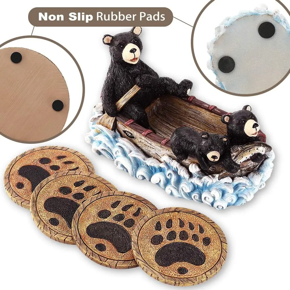 Coffee Coasters Cute Black Bear Canoe Coasters Set Cabin Decor Bar Accessories Funny Hunting decorations for Home Decor Rustic Gifts Country Gifts for Men Women - 4 Coasters with Bear Paw Tableware