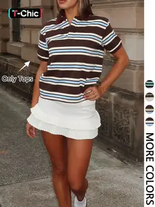 Women's Casual Colorblock Striped Short Sleeve Top, Vintage Style, Perfect for Outdoor Wear, Fashionable and Comfortable