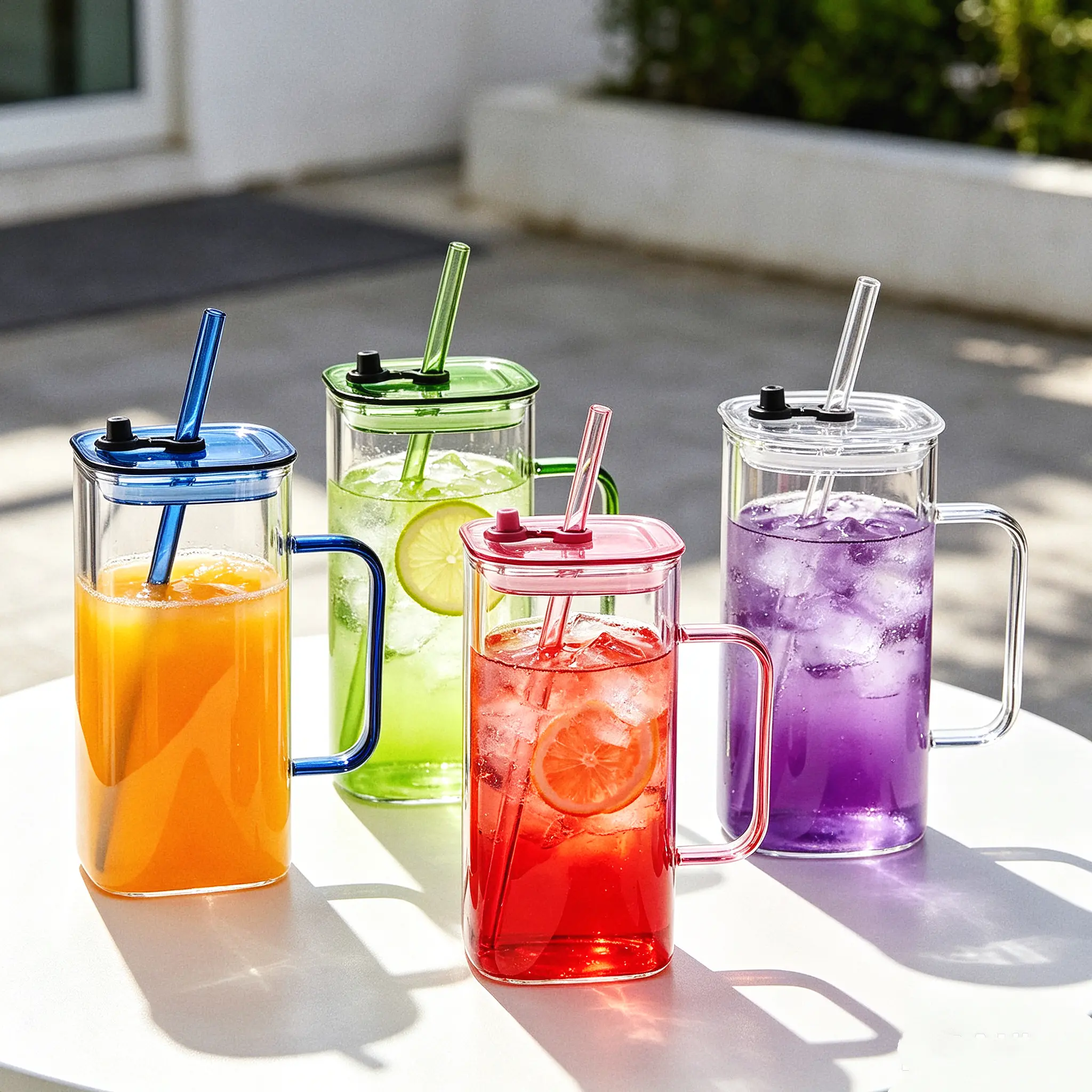 24 OZ Colored Handle Square Glass Mug with Lid & Straw, High Borosilicate Reusable Tumbler for Iced Coffee, Juice & Bubble Tea, Aesthetic TikTok Drinkware