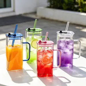 24 OZ Colored Handle Square Glass Mug with Lid & Straw, High Borosilicate Reusable Tumbler for Iced Coffee, Juice & Bubble Tea, Aesthetic TikTok Drinkware