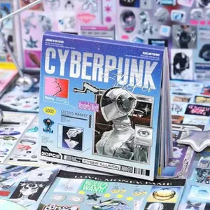 Cyberpunk Retro Futuristic Sticker Collection Book, 30 Sheets DIY Decorative Stickers with Glitter, Glossy and Matte Foil Designs, 125x125mm (Blue)