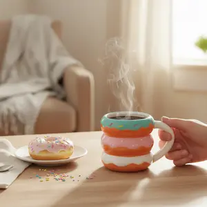 Donut Stack Ceramic Mug 18oz with Vibrant Pastel Glazes & Frosted Layers Easy Care Comfortable Grip Perfect for Coffee Tea or Hot Cocoa Lovers Drinkware Glossy